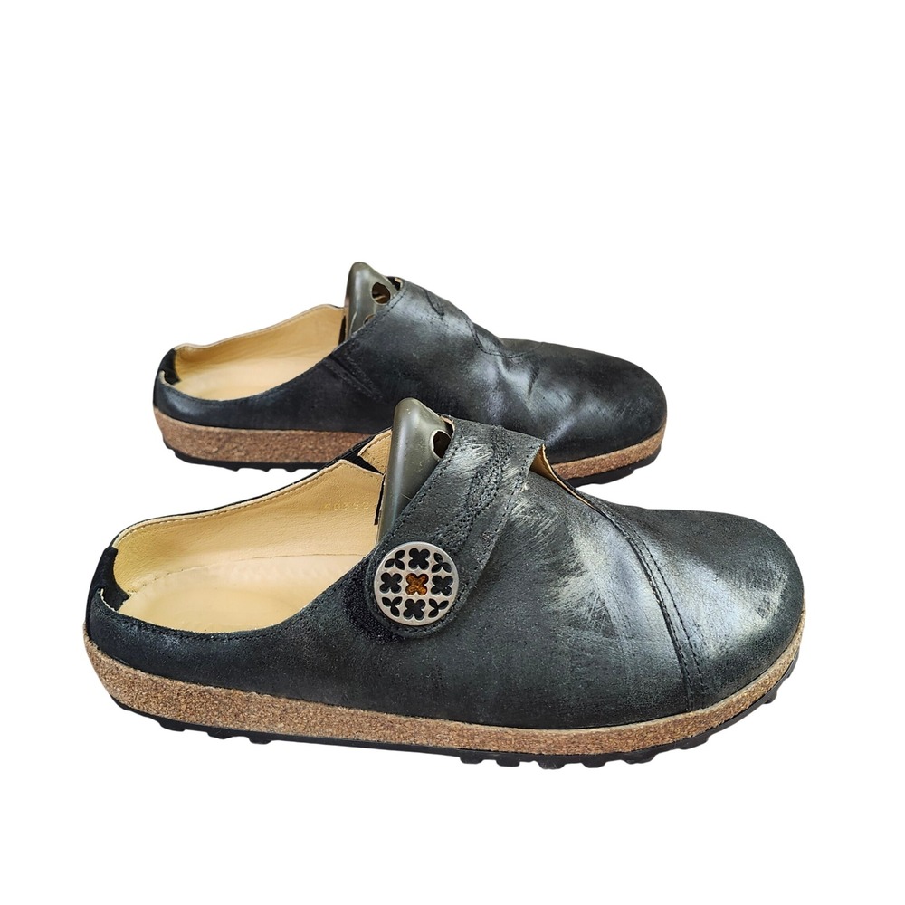 Haflinger Black Leather Cork Clog Mules 10.5 Earthy  Comfy Lagenlook Women - Picture 3 of 12